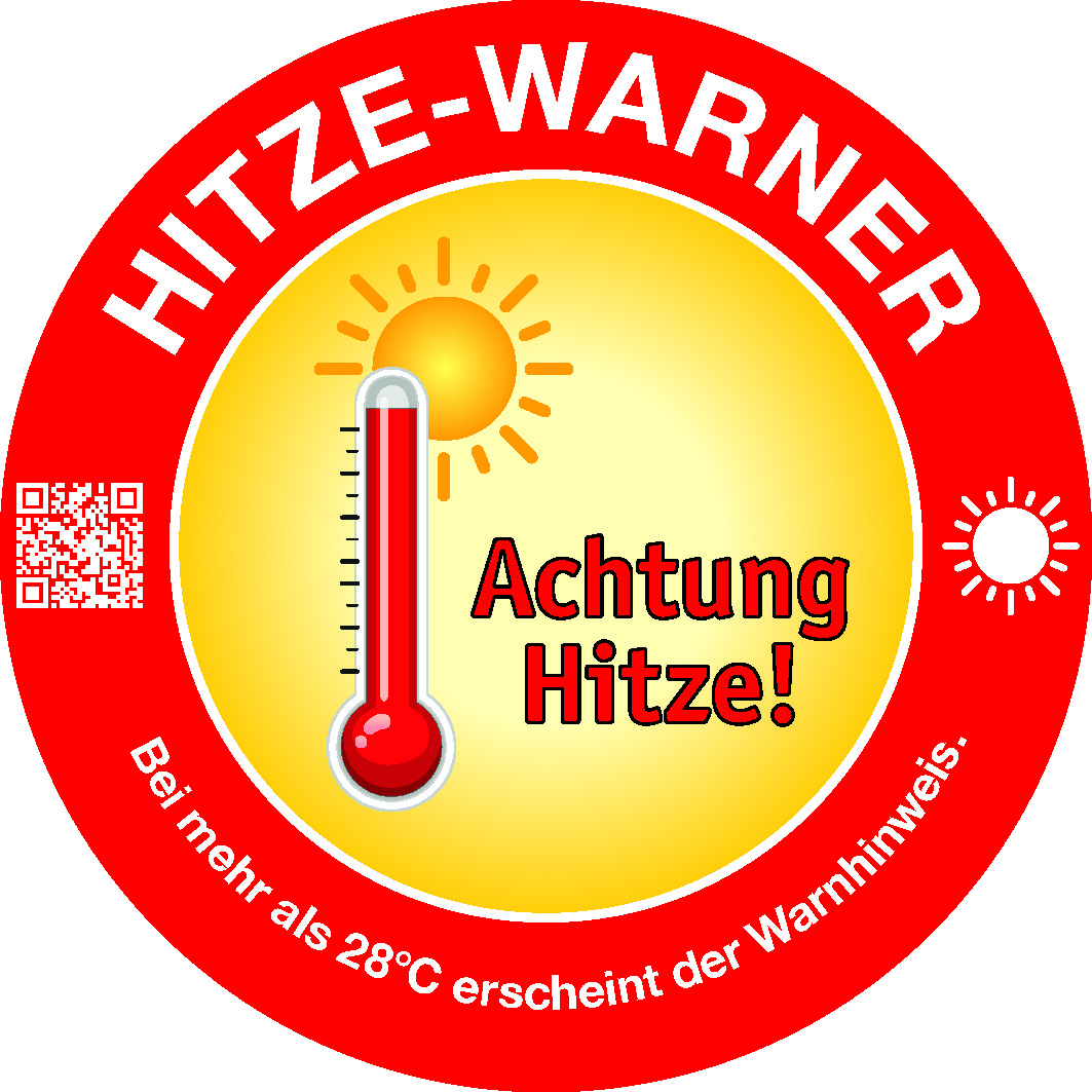 Hitzewarner im aktivierten Zustand mit sichtbarer Warnung Achtung Hitze